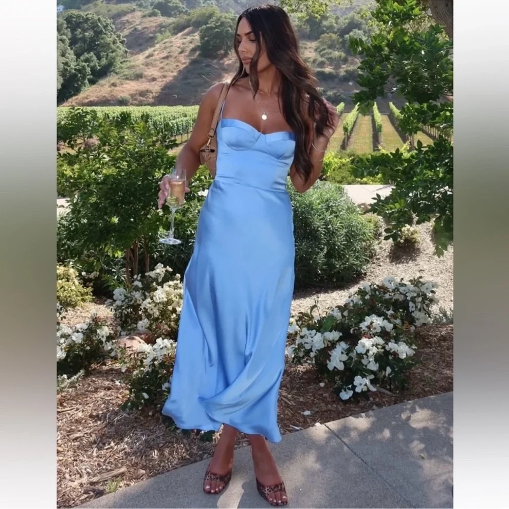New KATIE MAY Flora Bustier top sleeveless satin Blue Cocktail midi Dress S - Picture 2 of 6